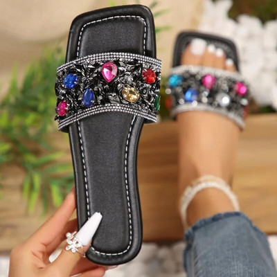 Silver Shiny Slippers Female Summer Wear Out Coarse Heel Color Everything Fashion Rhinestone Sandals Flat Women`s Shoes Size 43
