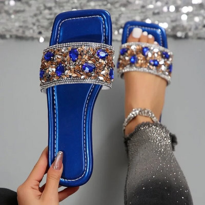 Papuci argintii stralucitori Femei Vara Uzuti Toc gros Culoare Totul Moda Sandale cu strass Pantofi plati dama Marimea 43