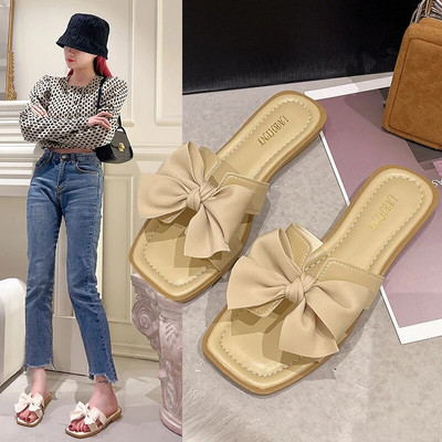 Fashion Bowknot Woman Slippers Square Toe Flat Heels Sandal Summer Leisure Beach Shoes Indoor Luxury Brand Design Sandals Woman