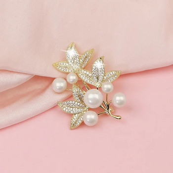 Модни перлени кленови листа Брошки със стрази за жени Елегантни метални фиксирани игли за дрехи Ежедневни бижута Аксесоари