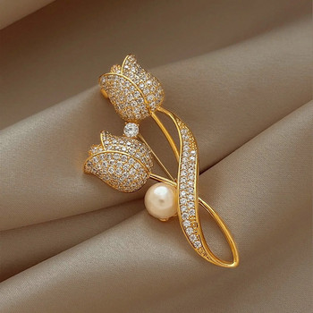 1 ΤΕΜ New Tulip Flower Χρυσή καρφίτσα Κομψή σχεδίαση Sense Rose White Stone Jewelry Luxury 2024 High Quality