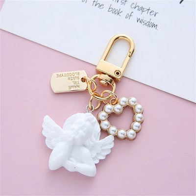 Creative Vintage White Angel Keychain Women Girl Cute Mini Pearl Heart Keychain Автомобилен ключодържател Държач за дрънкулки Чанта Charms Бижута