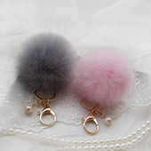 Χαριτωμένα κορίτσια Fluffy Pompon Rabbit Fur Ball Pom Pom Keychain Pearl Charms Pompon Keychain On Bag Car Trinket Jewelry Party Δώρο