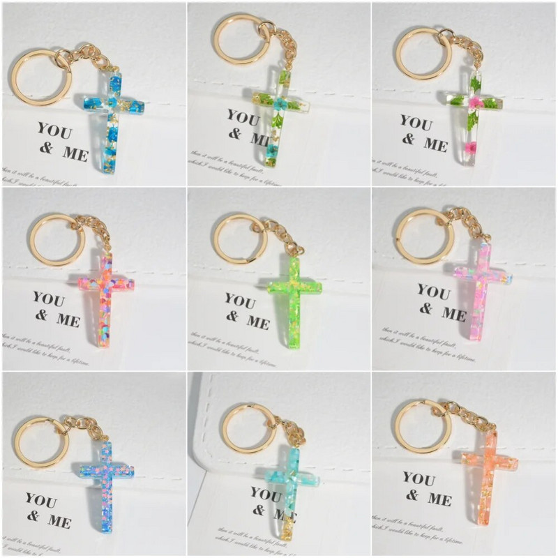 Χειροποίητο μπρελόκ σταγόνας σταγόνας σταυρός με πολύχρωμη παγιέτα με γέμιση λουλουδιών μενταγιόν για γυναικεία κοριτσίστικη τσάντα DIY Δημοφιλές δώρο