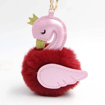 Сладко розово фламинго с помпон ключодържател жени заешка кожа лебед кола ключодържател държач чанта чар висулка най-добър приятел аксесоари подарък S106