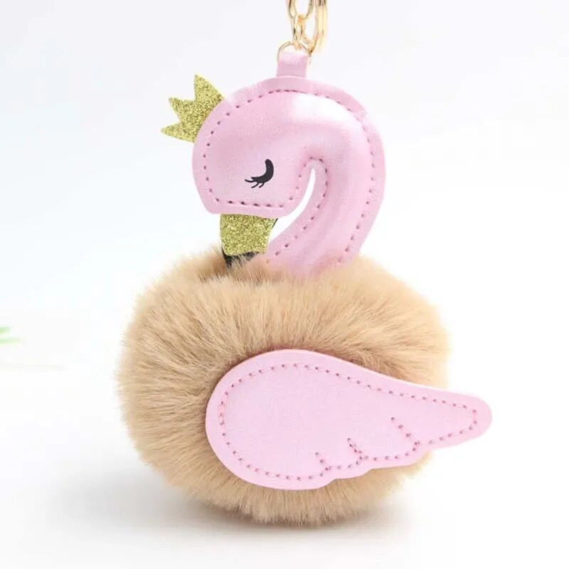 Χαριτωμένο ροζ Flamingo Pompom μπρελόκ Γυναικεία γούνα κουνελιού Κύκνος θήκη για μπρελόκ αυτοκινήτου Κρεμαστό τσάντα γοητείας Αξεσουάρ καλύτερου φίλου Δώρο S106