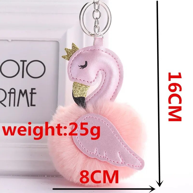 Χαριτωμένο ροζ Flamingo Pompom μπρελόκ Γυναικεία γούνα κουνελιού Κύκνος θήκη για μπρελόκ αυτοκινήτου Κρεμαστό τσάντα γοητείας Αξεσουάρ καλύτερου φίλου Δώρο S106