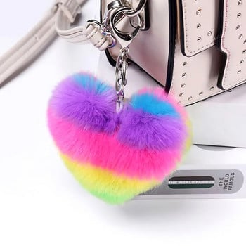 Heart Pompom Μπρελόκ Rainbow Πολύχρωμο Pom-pom Μπρελόκ Γυναικεία τσάντα μπρελόκ αυτοκινήτου Χειροποίητα αξεσουάρ Κρεμαστό μπρελόκ Δ