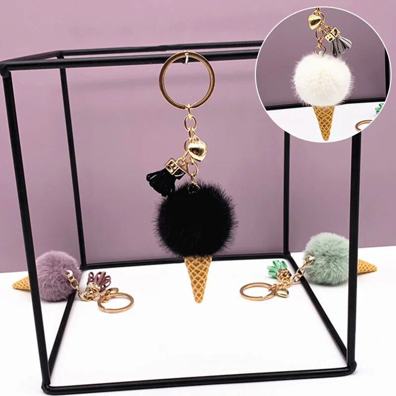 1 tk Kunstkarusnahast jäätise ripatsiga võtmehoidja armas multikas võtmehoidja plüüsist kott rippuv koonus auto võtmehoidja rõngas kotid ripats ehted kingitus