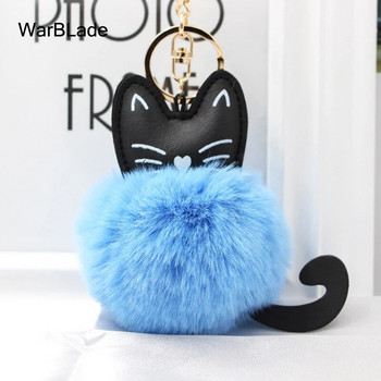 WarBLade Car Keyring Pompom Cat Keychain Fluffy Rabbit Fur Ball Key Chain Porte Clef for Women Bag Car Keyring Коледен подарък