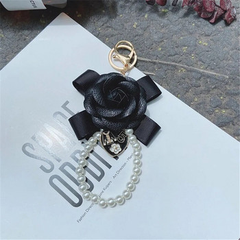 Луксозен черен ключодържател с цветя от естествена кожа, камелия, буква, висулка, чадър, ключодържател за кола, пръстен, висулка за чанта