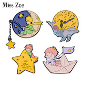 Prinča Lapsas emaljas piespraudes Pielāgotas Mēness Zvaigzne Papīra Laiva Vaļa Piespraudes Atloks nozīmītes Karikatūra Juvelierizstrādājumi Dāvana bērnu draugiem