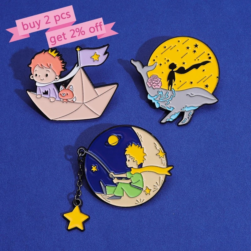 Prinča Lapsas emaljas piespraudes Pielāgotas Mēness Zvaigzne Papīra Laiva Vaļa Piespraudes Atloks nozīmītes Karikatūra Juvelierizstrādājumi Dāvana bērnu draugiem