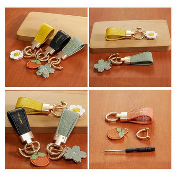 Луксозен метален къс кожен ключодържател с оранжево цвете за кола, висулка, разделен ключодържател за жена, момиче, каишка, модни ключодържатели, аксесоари