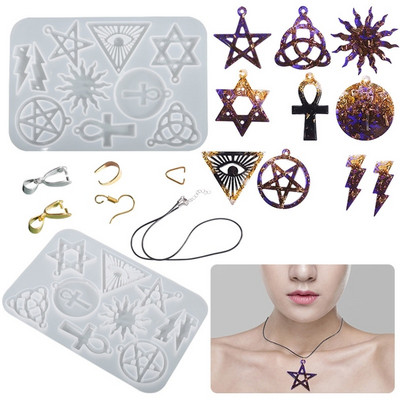 Diy Crystal Epoxy Mold Necklace Ornament Mold Hanging Pendant Decoration Pentagram for Sun Flower Keychain Silicone Mold