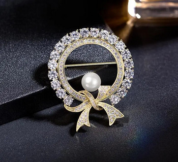 Женски кръгли бели кристални перлени сладки брошки с панделки за жени Модни креативни луксозни златни цветни сплави Брошка Безопасни игли
