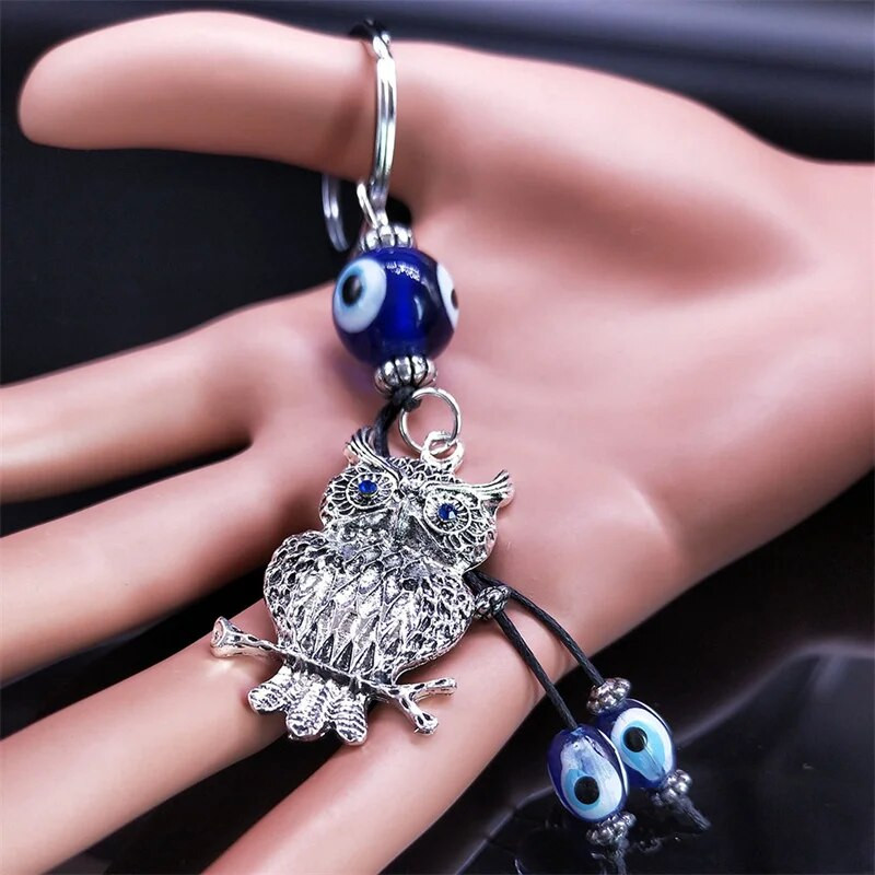 Bagoly törökkék szem kulcstartó női/férfi számára. Ezüst színű ötvözet Lucky Protection kulcstartó ékszer porte clé pour femme KXH524S01