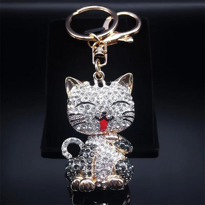 Karikatūra Cat atslēgu piekariņš Rhinestone zelta krāsā Cute Kitty atslēgu piekariņu turētājs Radoša dāvana Modes rotaslietas llaveros para mujer