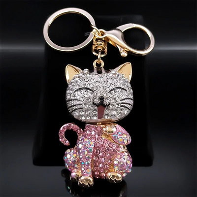 Karikatūra Cat atslēgu piekariņš Rhinestone zelta krāsā Cute Kitty atslēgu piekariņu turētājs Radoša dāvana Modes rotaslietas llaveros para mujer