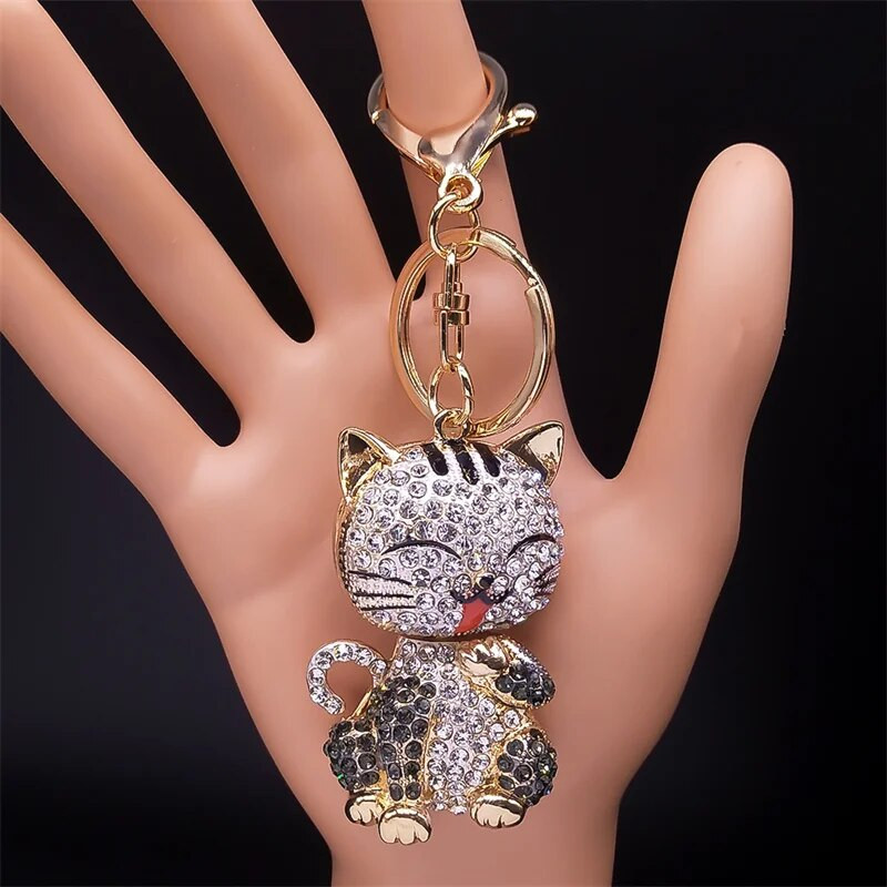 Karikatūra Cat atslēgu piekariņš Rhinestone zelta krāsā Cute Kitty atslēgu piekariņu turētājs Radoša dāvana Modes rotaslietas llaveros para mujer