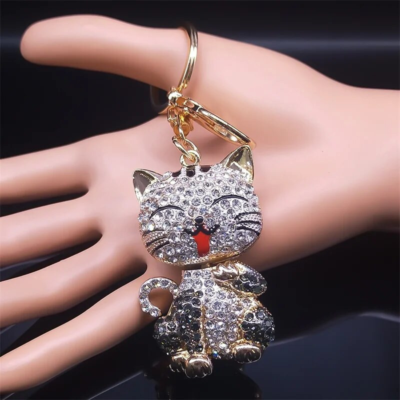 Karikatūra Cat atslēgu piekariņš Rhinestone zelta krāsā Cute Kitty atslēgu piekariņu turētājs Radoša dāvana Modes rotaslietas llaveros para mujer