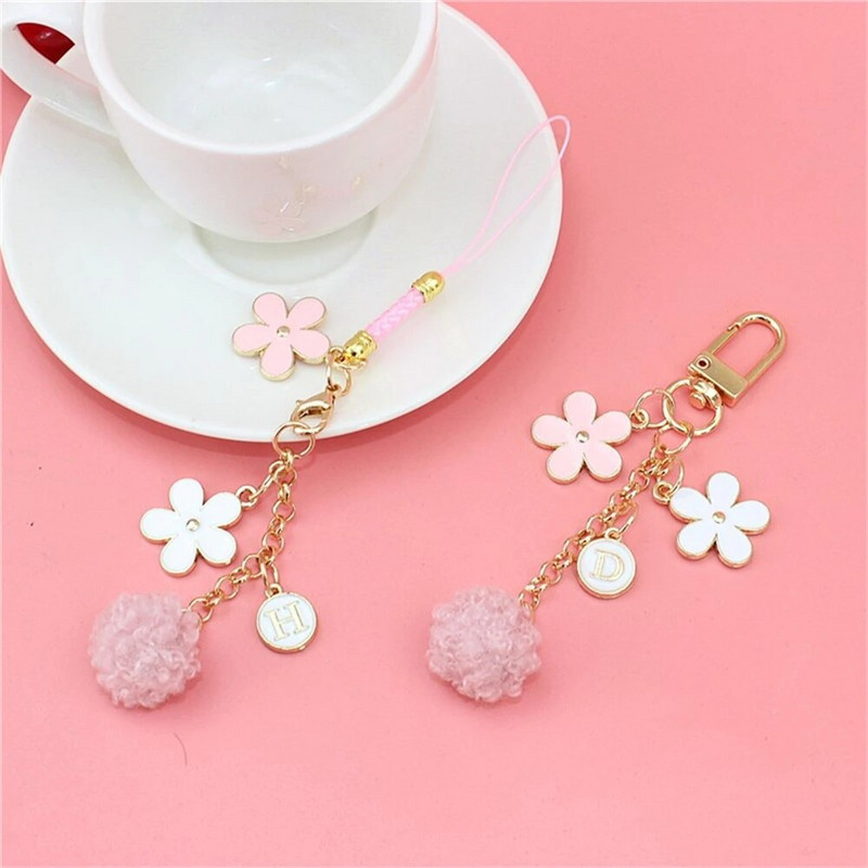 Modes imitācijas pērļu ziedu atslēgu piekariņš Cute Sakura Rose plīša lodīšu atslēgu piekariņš sievietēm Meiteņu auto rokassomiņa Tālruņa kulonu aksesuārs