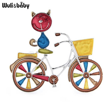 Wuli&baby Многоцветни емайлирани карфици за брошка за котки Подарък Седнал на пазарски велосипед Значка със сладко животно Нова година Аксесоари за бижута