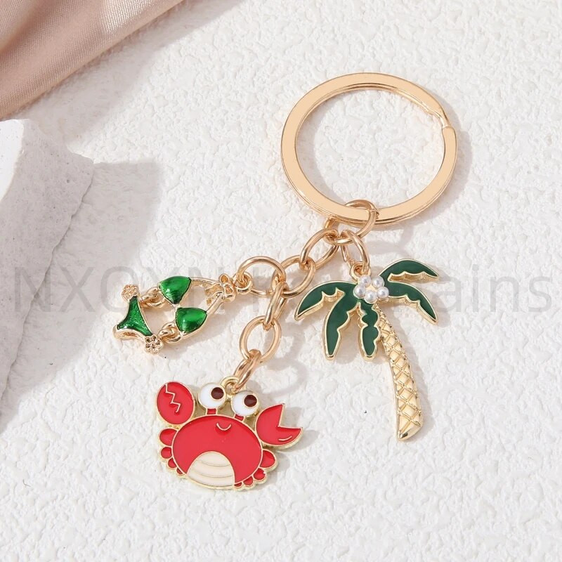 Aranyos Rák Bikini Kókuszfa Kulcstartók Nyári Óceán Beach Aniamls Kulcstartók Nőknek Férfi Vakáció Handamde barkács ékszerek