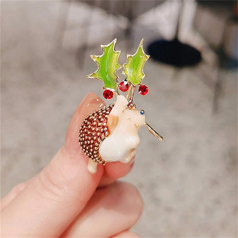 Rinhoo adorabil arici care ține broșe cu frunze pentru femei, la modă, arici pentru animale de companie, ace de revere, corsaj de animale Kawaii, bijuterii pentru petrecere, cadouri