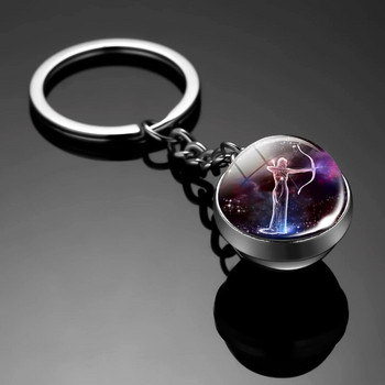 Нови светещи 12 съзвездия Ключодържатели със стъклена топка Двустранни зодиакални знаци Ключодържател за жени Светещ в тъмното Подарък за рожден ден