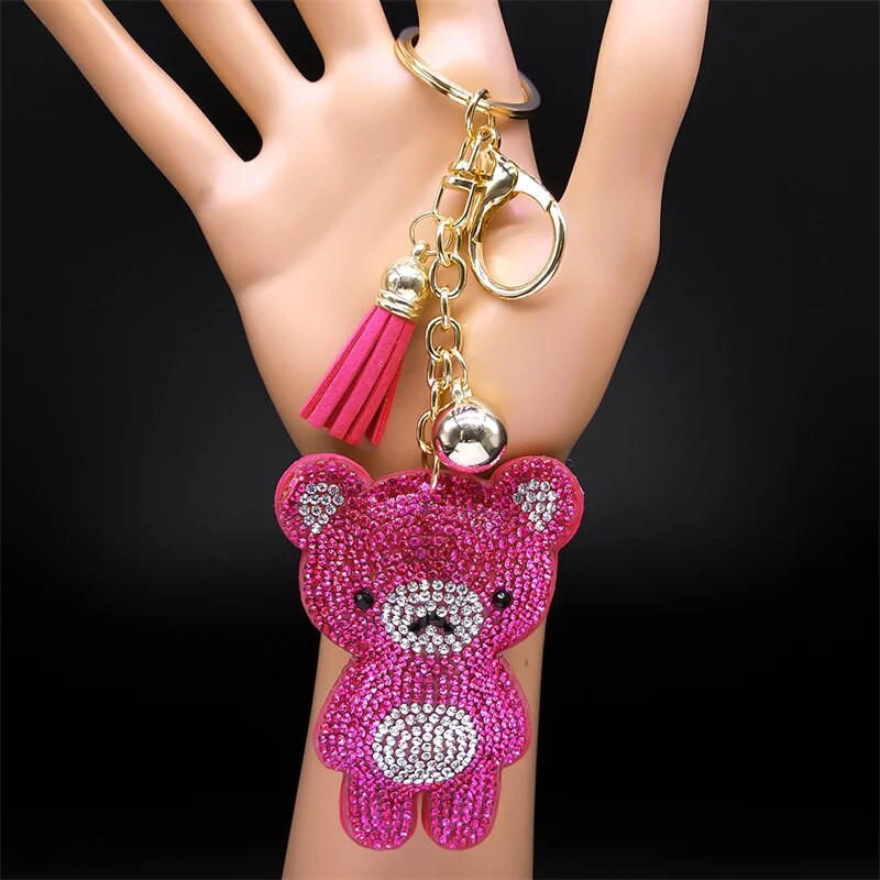 Γλυκό χαριτωμένο καρτούν ροζ μπλε τσάντα αρκουδάκι Γούρι Μπρελόκ Γυναικείο κράμα στρας Ζώο χρυσό χρώμα Φούντα μπρελόκ Δώρο κοσμήματα K9827