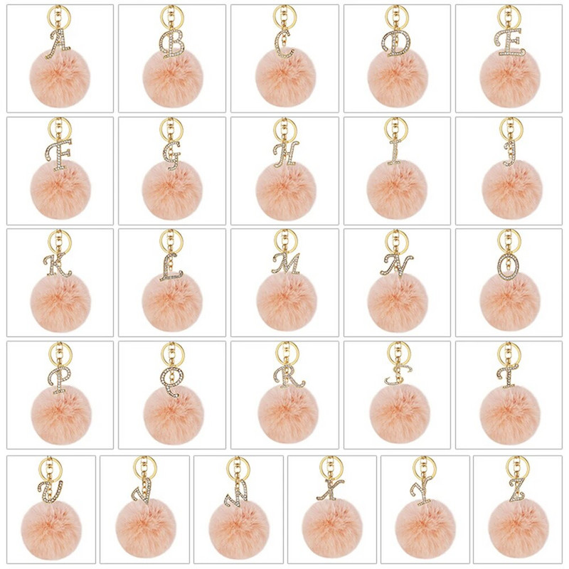 Modes radošums atslēgu piekariņš zelta krāsā angļu burtu atslēgu piekariņš ar plīša bumbiņu 26 burtu A–Z rokassomu piekariņi dāvanai
