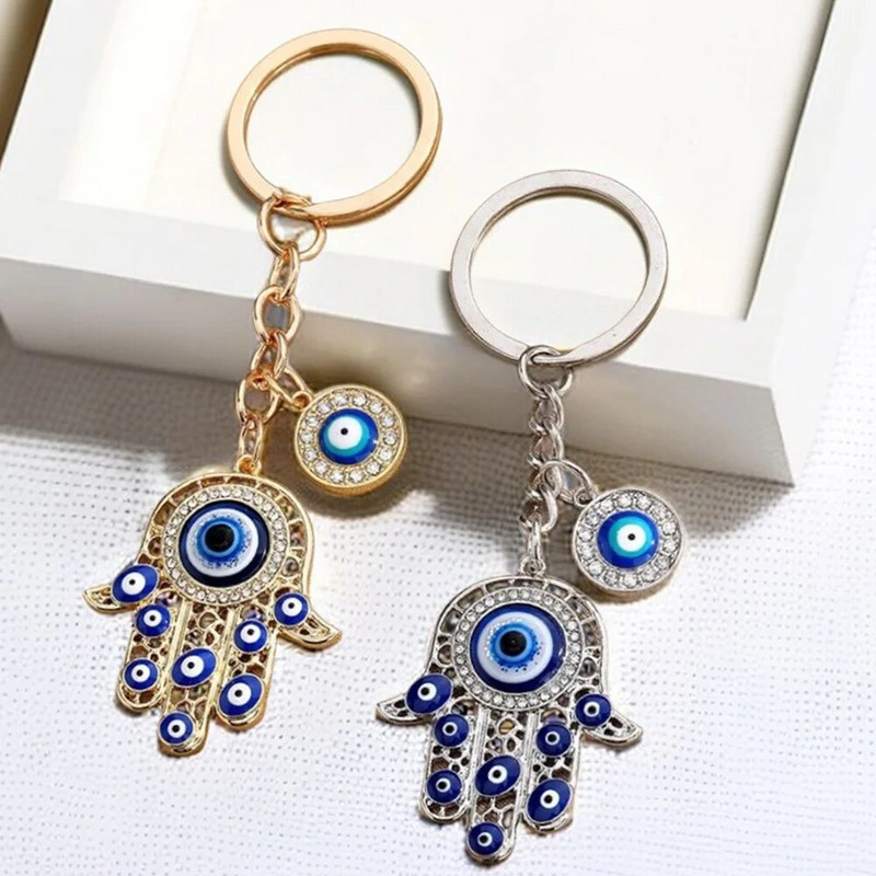 Modes Blue Evil Eyes Rokas formas atslēgu piekariņi Izsmalcināti Rhinestone Metāla atslēgu piekariņi sievietēm Vīriešiem Auto rokassomiņa Tālruņa kulons Dāvanas