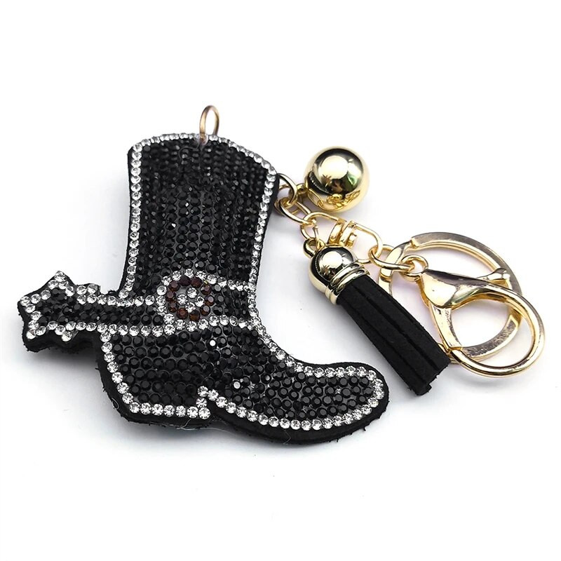 Gothic Black Crystal Cowboy Boots Keychain Sievietēm Sakausējums Rhinestone Pušķis Atslēgu piekariņu turētājs Juvelierizstrādājumi Dāvanas Vīriešiem llaveros KXS03