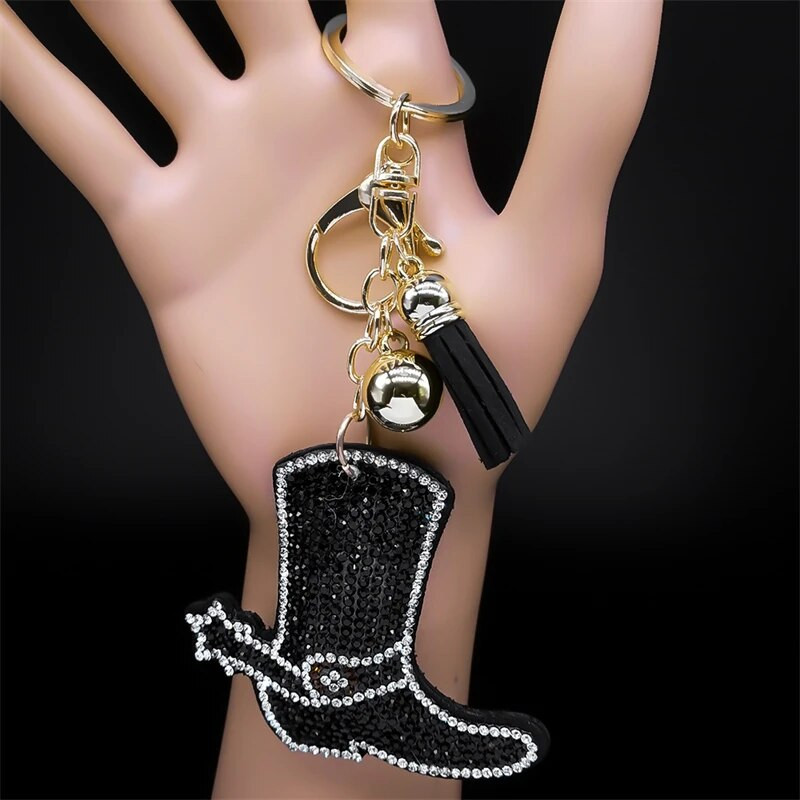 Gothic Black Crystal Cowboy Boots Keychain Sievietēm Sakausējums Rhinestone Pušķis Atslēgu piekariņu turētājs Juvelierizstrādājumi Dāvanas Vīriešiem llaveros KXS03