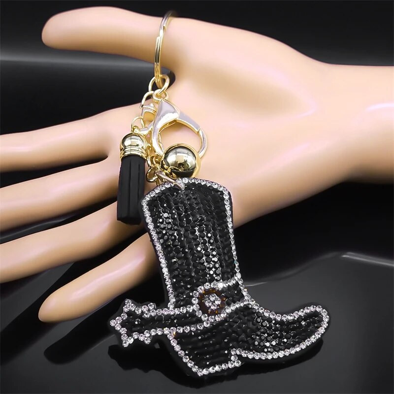 Gothic Black Crystal Cowboy Boots Keychain Sievietēm Sakausējums Rhinestone Pušķis Atslēgu piekariņu turētājs Juvelierizstrādājumi Dāvanas Vīriešiem llaveros KXS03