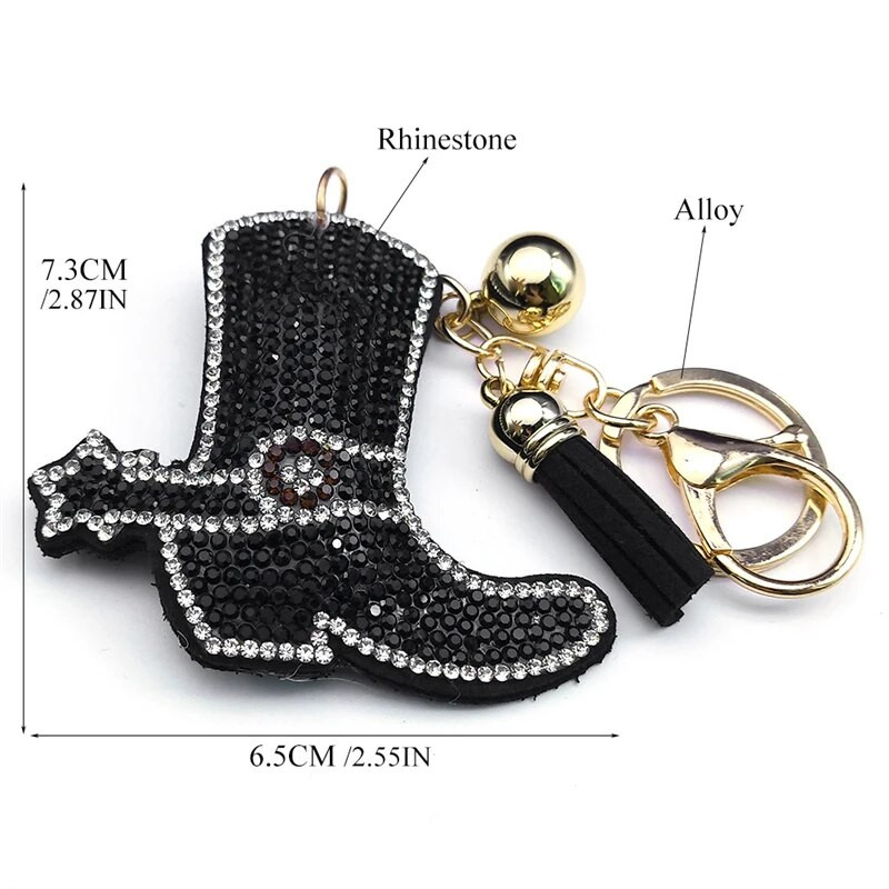 Gothic Black Crystal Cowboy Boots Keychain Sievietēm Sakausējums Rhinestone Pušķis Atslēgu piekariņu turētājs Juvelierizstrādājumi Dāvanas Vīriešiem llaveros KXS03