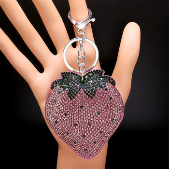 Моден кристален ключодържател с ягодови плодове Сребърен цвят Пискюл Ключодържател за кола Чанта Декорации Подарък Бижута porte clé