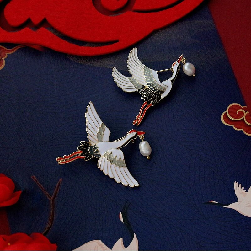 Muylinda Vintage Cranes Putnu Emaljas Pin Vintage Saldūdens Pērles Crane Charm Piespraudes sievietēm Luksusa piespraudes rotaslietas dāvana
