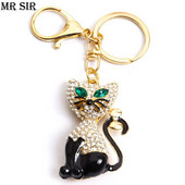 Emaljas kaķa kristāla Rhinestone atslēgu piekariņš jauks dzīvnieks, radošs sakausējums atslēgu piekariņa soma Automašīnas atslēgu turētājs Augstas kvalitātes rotaslietas dāvanu aksesuārs