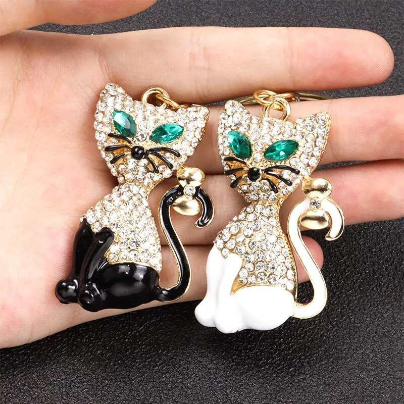 Emaljas kaķa kristāla Rhinestone atslēgu piekariņš jauks dzīvnieks, radošs sakausējums atslēgu piekariņa soma Automašīnas atslēgu turētājs Augstas kvalitātes rotaslietas dāvanu aksesuārs