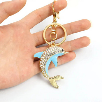 Трицветен делфин със кристали Емайлиран ключодържател Бижута за двойка Подарък Интериор на кола Ключове Чанта Декорация Висулка Ключодържател в морски стил