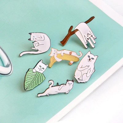 White Cat Enamel Pins Custom Middle Finger Lazy Cat Animal Brooch Clothes Lapel Pin Metal Badge Cartoon Jewelry Gift Wholesale