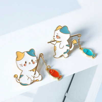 Nouă modă creativ pisică design de pescuit broșă metal smalț desen animat drăguț animal insignă pin cel mai bun prieten cadou accesorii bijuterii