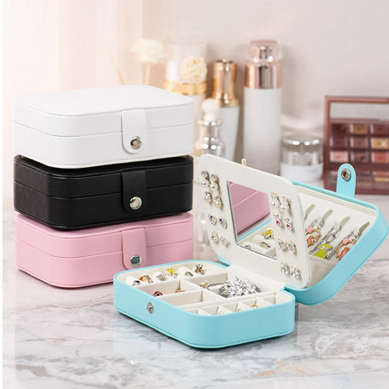 Pu Δερμάτινο Κουτί αποθήκευσης κοσμημάτων διπλής στρώσης με ελαφρύ καθρέφτη Πολυτελή βελούδινα σκουλαρίκια με χάντρες Δαχτυλίδι κολιέ Γυναικεία οργάνωση αποθήκευσης