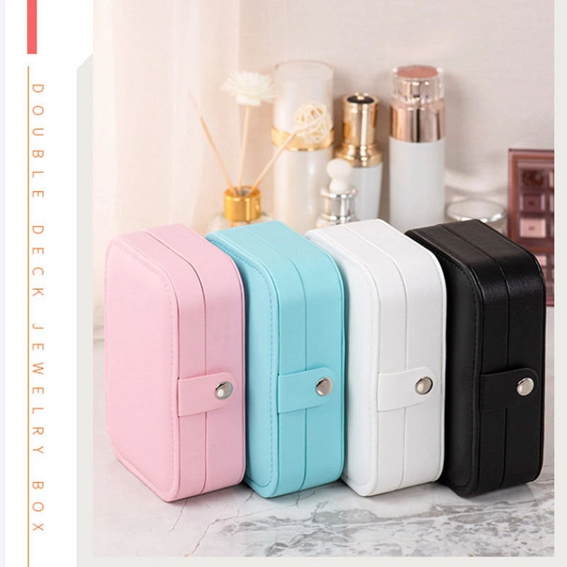 Pu Δερμάτινο Κουτί αποθήκευσης κοσμημάτων διπλής στρώσης με ελαφρύ καθρέφτη Πολυτελή βελούδινα σκουλαρίκια με χάντρες Δαχτυλίδι κολιέ Γυναικεία οργάνωση αποθήκευσης