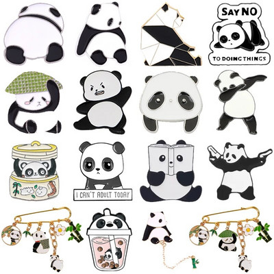 Cartoon Cute Animal Panda Enamel Pins Chain Pendant Panda Milk Tea Books Bamboo Alloy Brooch Badge Sweet Woman Jewelry Gift
