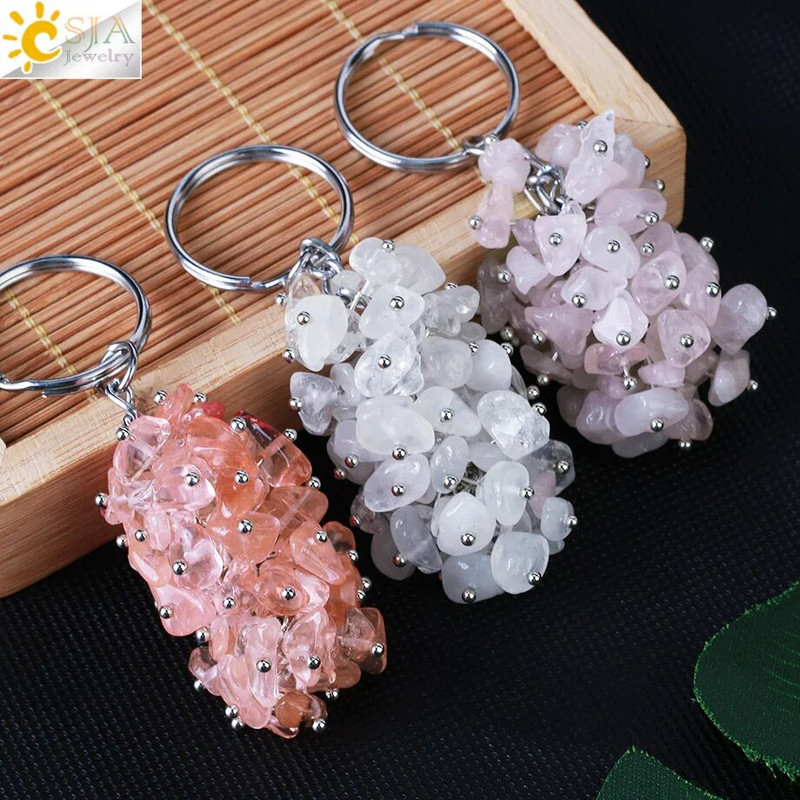 CSJA Natural Black Rock Crystal atslēgu piekariņš ar akmens šķembu oriģinālie atslēgu piekariņi vīriešiem Auto atslēgu piekariņi Gredzenu soma piederumi G889