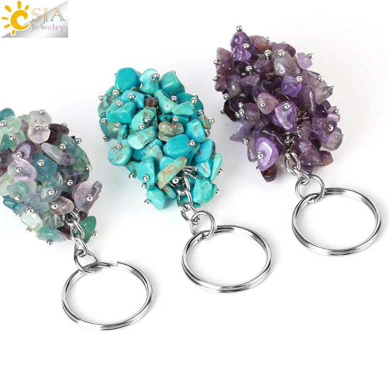 CSJA Natural Black Rock Crystal atslēgu piekariņš ar akmens šķembu oriģinālie atslēgu piekariņi vīriešiem Auto atslēgu piekariņi Gredzenu soma piederumi G889