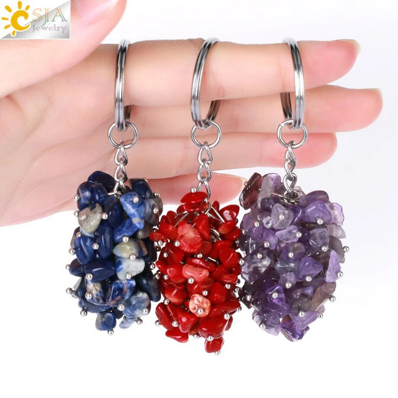 CSJA Natural Black Rock Crystal atslēgu piekariņš ar akmens šķembu oriģinālie atslēgu piekariņi vīriešiem Auto atslēgu piekariņi Gredzenu soma piederumi G889